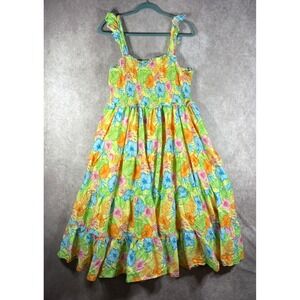 Ruffle Butts Smocked Flutter Strap Dress Women XXL Yellow Floral Hawaiian Tiered